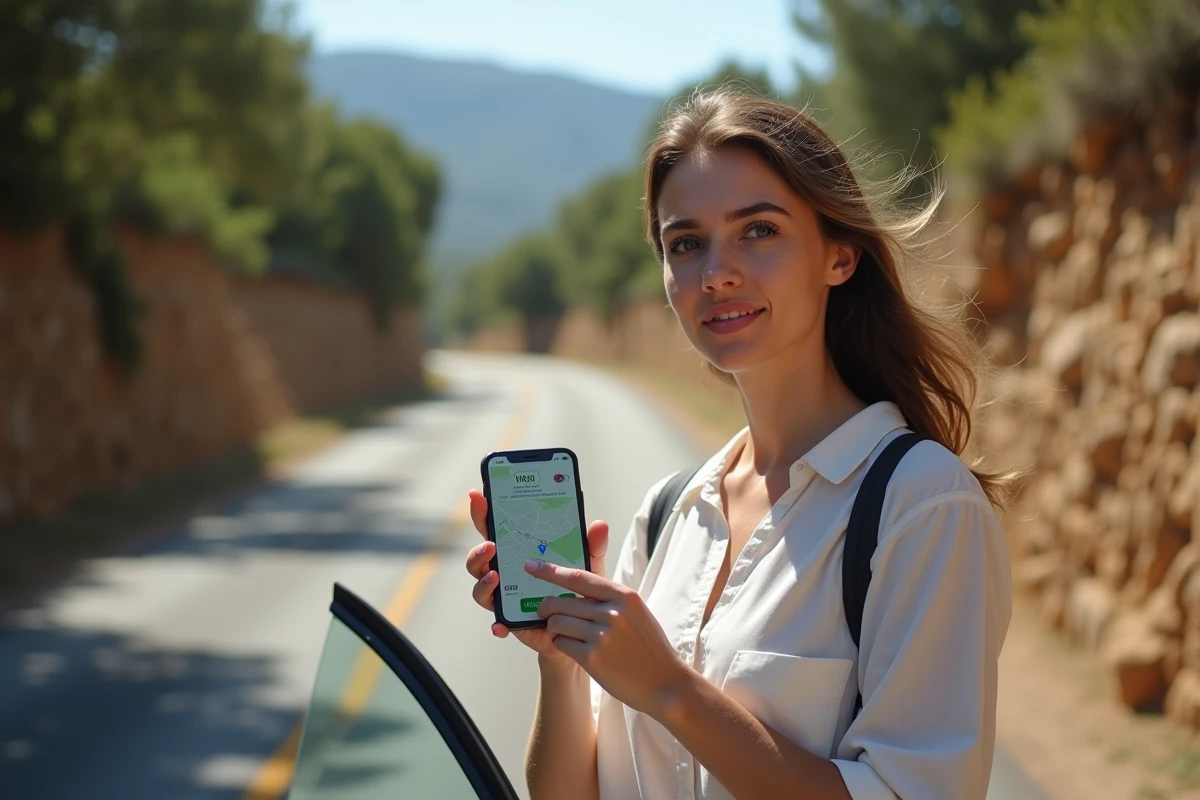 Femme tenant un smartphone affichant l'application Waze sur une route sinueuse de Corse entre Propriano et Ajaccio en haute saison